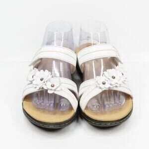 CLARKS Laurieann Rose 3D Floral Slide Sandals‎ White Leather Comfort Sz 8